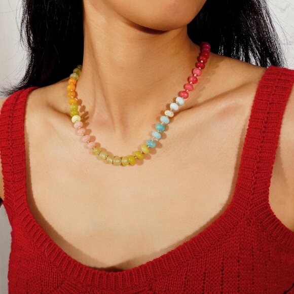 Colorful Gemstone Beaded Necklace with Freshwater Pearls - Boho Statement Piece - Picture 3 of 7